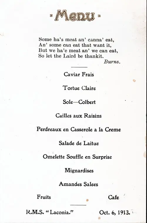 Private Party Menu for the Jordan Party on the RMS Laconia of the Cunard Line, 6 October 1913.