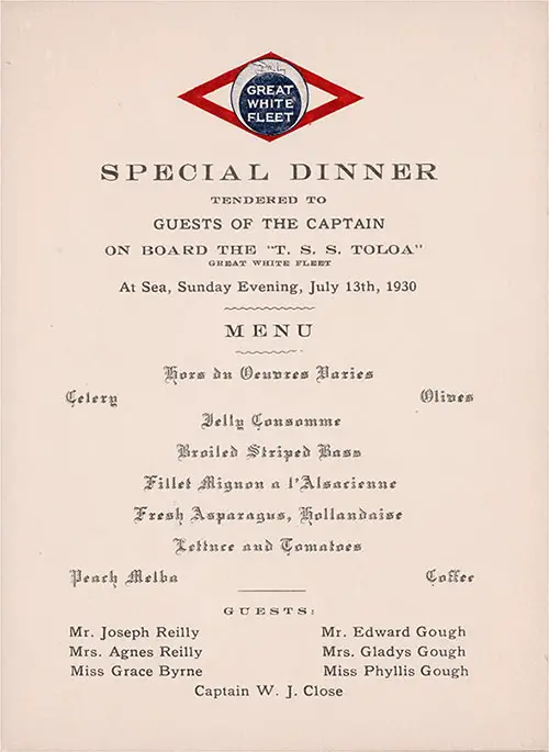 Front Cover, Special Dinner - Guests of the Captain, on the TSS Toloa of the Great White Fleet, Sunday, 13 July 1930.