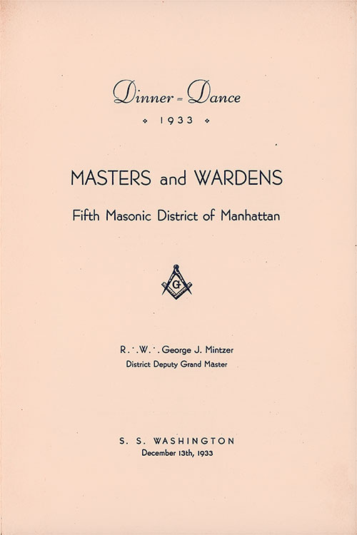 Title Page, Private Dinner Menu & Dance, Masonic Masters and Wardens on the SS Washington 1933
