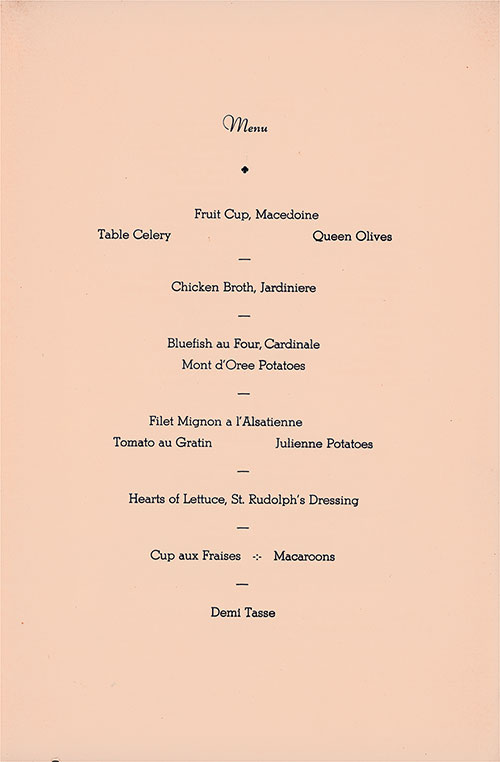 Menu Items, Private Dinner Menu & Dance, Masonic Masters and Wardens on the SS Washington 1933