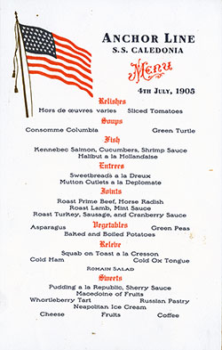 Menu Card - Dinner Bill of Fare SS Caledonia 4 July 1905