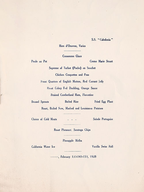 Menu Items, Valentine's Day Dinner Menu on the SS Caledonia, 14 February 1928.