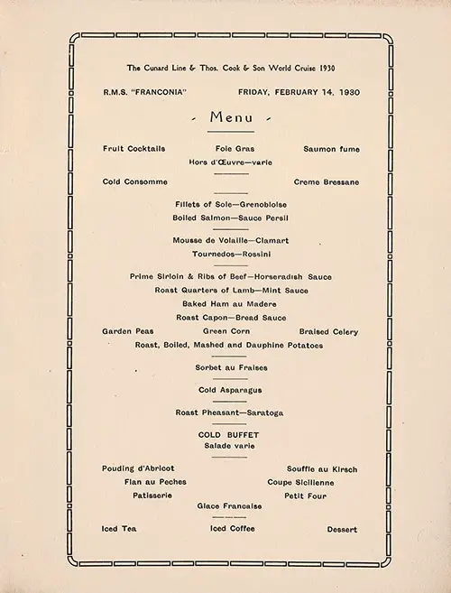 Valentine's Day Dinner Menu, RMS Franconia, Cunard Line, 14 February 1930