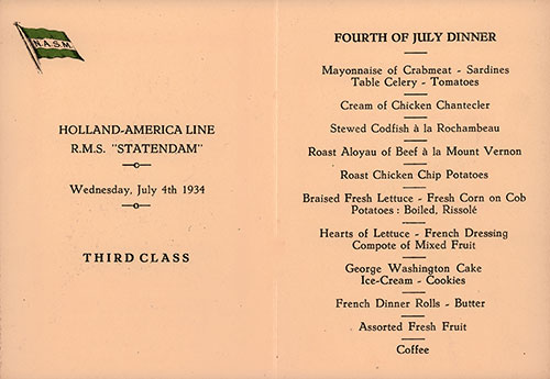 Menu Items, Fourth of July Dinner Menu, Third Class on the RMS Statendam of the Holland-America Line, Wednesday, 4 July 1934.