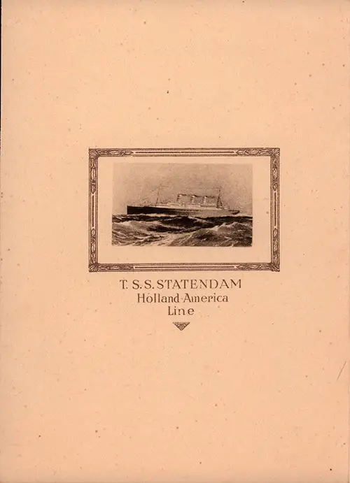 Back Cover, Fourth of July Dinner Menu, Third Class on the RMS Statendam of the Holland-America Line, Wednesday, 4 July 1934.