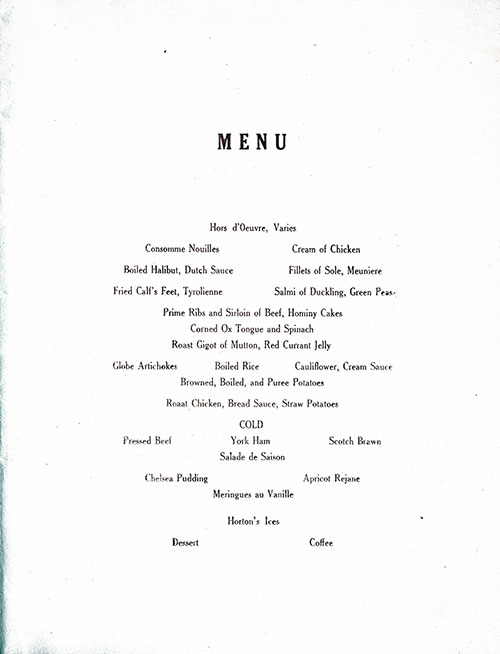 Valentine's Day Dinner Menu, RMS Transylvania, Anchor Line, 14 February 1927 - Menu Selections