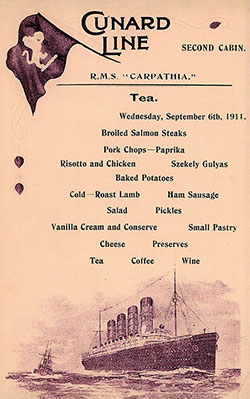 Front Cover, Tea Menu, Second Class on the SS Carpathia of the Cunard Line, Wednesday, 6 September 1911.