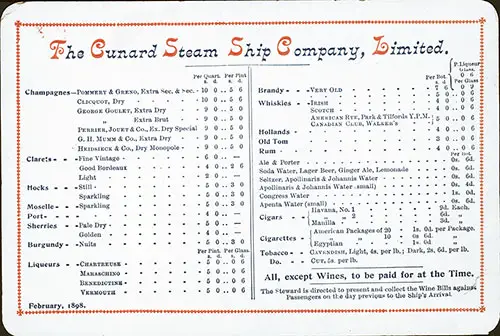 1898 Alcoholic Beverages Menu and Price List from the Cunard Line
