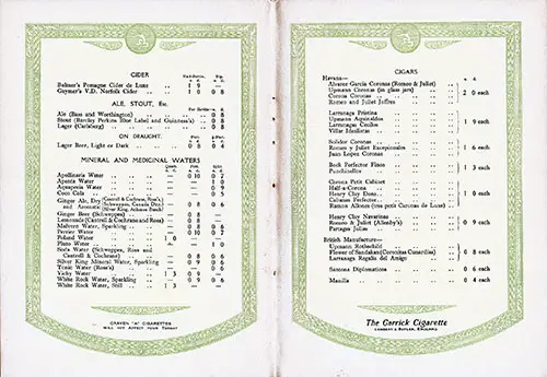Cider, Ale, Stout, Etc. Beverages on Draught, Mineral, Medicinal Waters, and Cigars in the Wine List for the Cunard Line From April 1927.