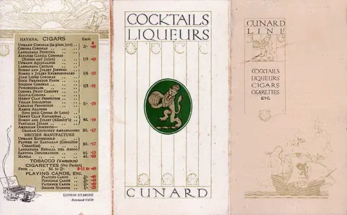 Panel 1 of a Vintage Alcoholic Beverage Menu From the Cunard Line Dated 1 April 1929