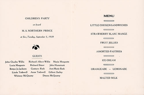 Guest List and Menus Items, Children's Party Menu, on the MS Northern Prince of the Furness Prince Line, Tuesday, 5 September 1939.