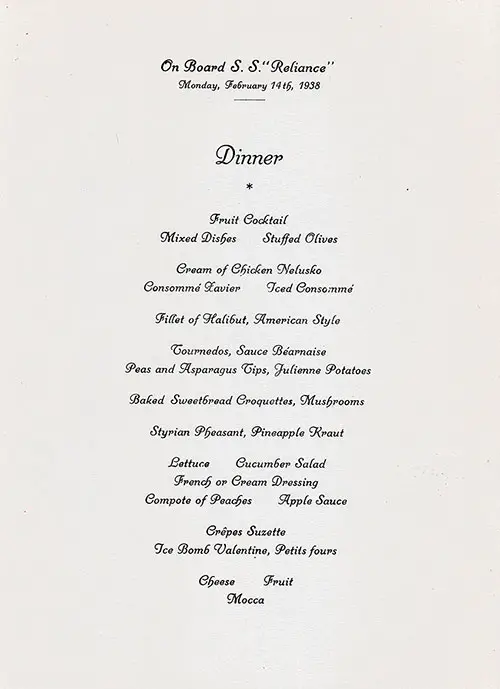 Menu Items, Valentine's Day Dinner Menu - SS Reliance 1938