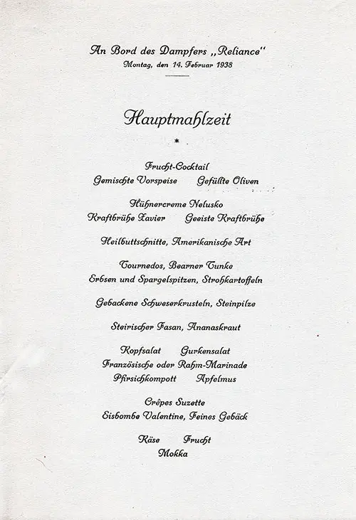 Menu Items in German, Valentine's Day Dinner Menu - SS Reliance 1938