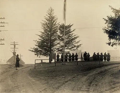 Guards Stationed At Entrance of Special War Influenza Camp Hospital, Emery Hill, Lawrence, Massachusetts circa 1918.