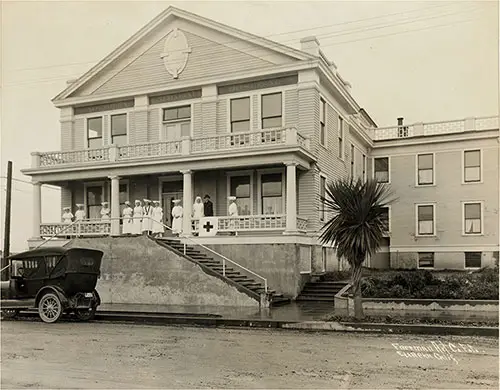 Volunteer Nurses Standing in Porch at Red Cross Hospital During the Influenza Epidemic at Eureka, California Circa 1918-1919.