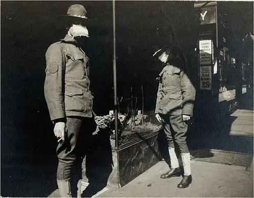 Soldiers Passing Through Cincinnati on Furlough, Bring Their Anti-Spanish Influenza Masks Along From Camp Gordon.