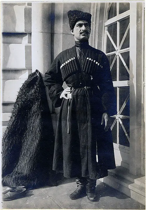 Cossack Immigrant Wearing Folk Costume, Overcoat Shown on the Left Background. nd.