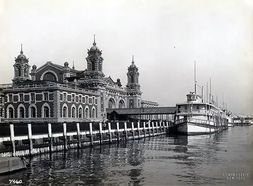 Ferry Docked at Adjacent Pier at Ellis Island Immigrant Station. nd, ca 1908