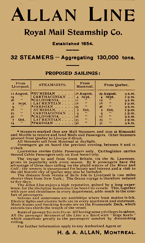 Sailing Schedule, Liverpool-Montreal-Quebec, from 12 August 1897 to 31 October 1897.