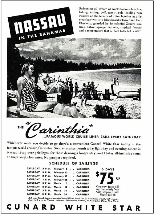 1938 Print Advertisement, Cruise on the SS Carinthia to Nassau in the Bahamas.