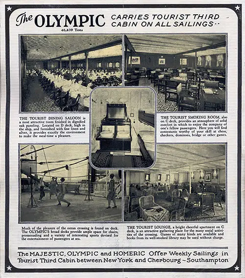 Advertisement for the Majestic, Olympic, and Homeric Offering Weekly Sailings in Tourist Third Cabin Between New York, Cherbourg, and Southampton, C1930.