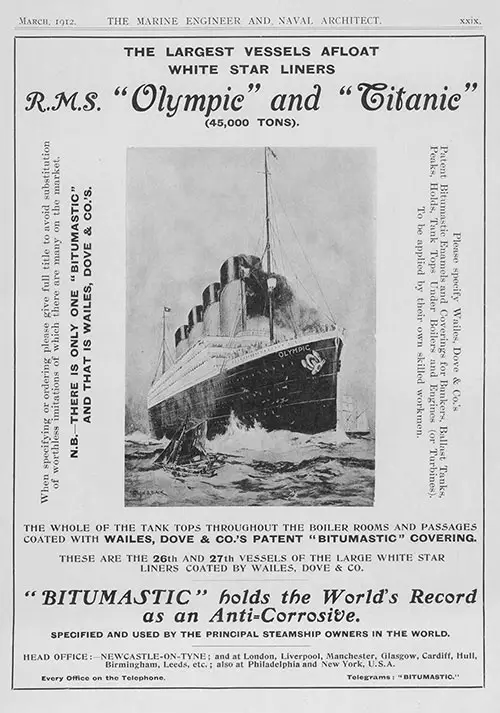 Advertisement: The Largest Vessels Afloat, White Star Liners RMS Olympic and RMS Titanic (45,000 Tons).