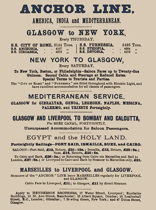 Advertisement: Anchor Line to America, India, and the Mediterranean, 1891.