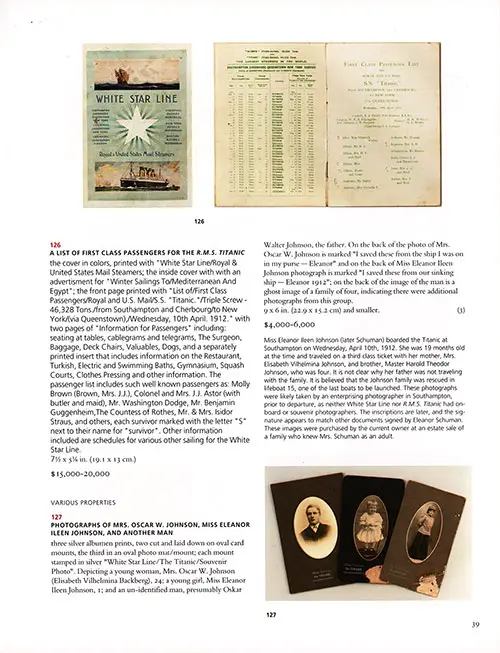 Page 39 from Christie's Ocean Liner Auction Catalog that Featured Titanic Related Items.