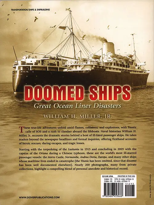 Back Cover, Doomed Ships: Great Ocean Liner Disasters by William H. Miller, Jr., 2006.