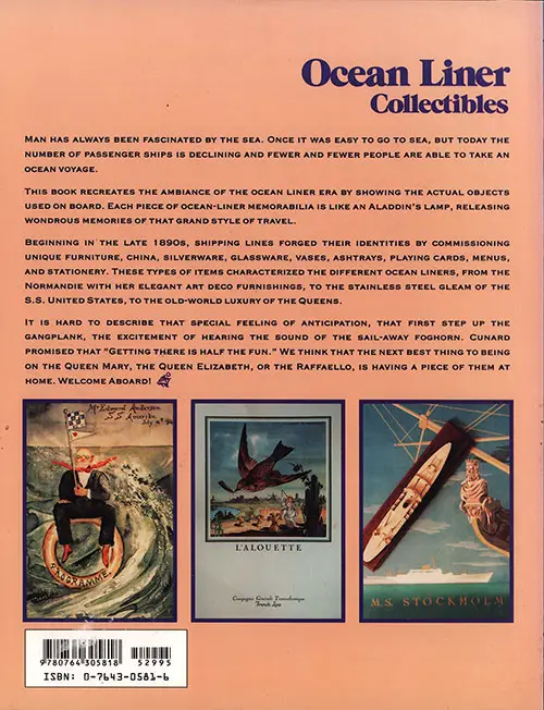 Back Cover, Ocean Liner Collectibles with Price Guide by Myra Yellin Outwater, Photographs by Eric Boe Outwater, 1998.