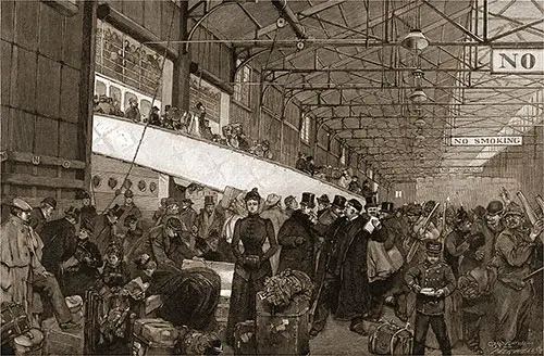 Passengers Leaving the Ship at the End of a Voyage, Showing a Crowd of People Congregating in the Port Station.