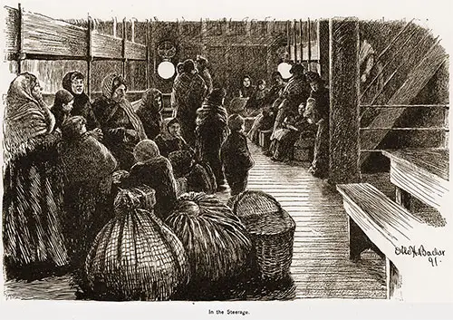 Passengers in the Steerage Hold of a Steamer. Ocean Steamships, 1891.