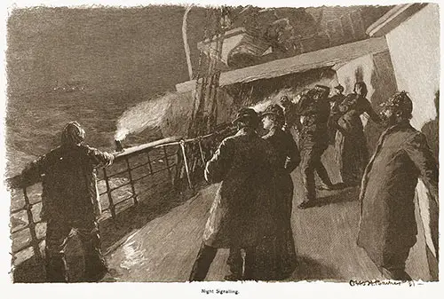 Night Signalling to a Ship in the Distance. Ocean Steamships, 1891.