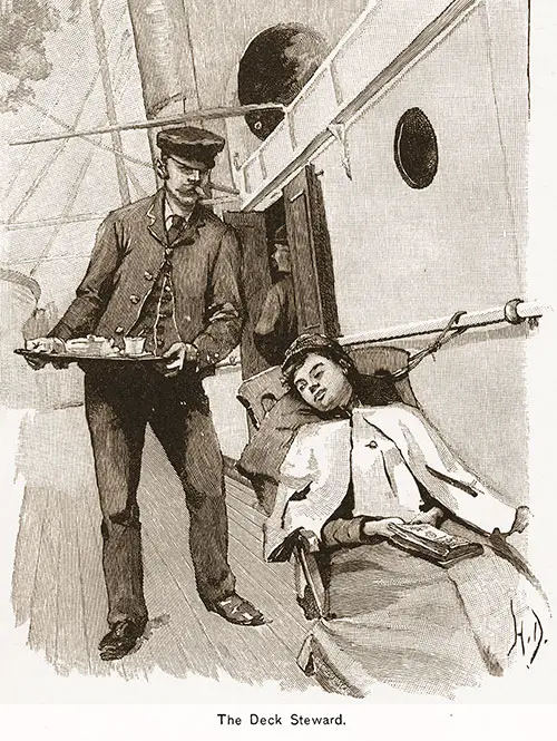 The Deck Steward Brings a Tray of Food to a Young Female Passenger Relaxing on a Deck Chair, Covered with a Blanket. Ocean Steamships, 1891.
