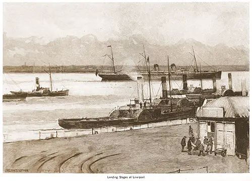 Liverpool Landing Stages Showing Ships in the Harbor and Docked. Ocean Steamships, 1891.