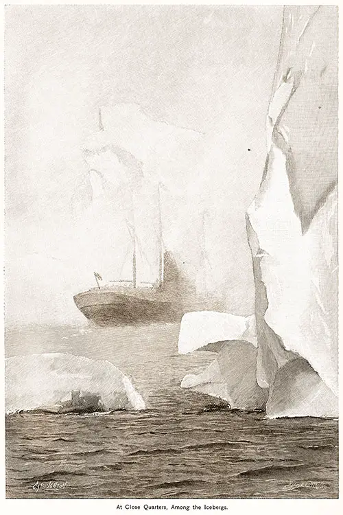 Steamer at Close Quarters Among the Icebergs. Ocean Steamships, 1891.
