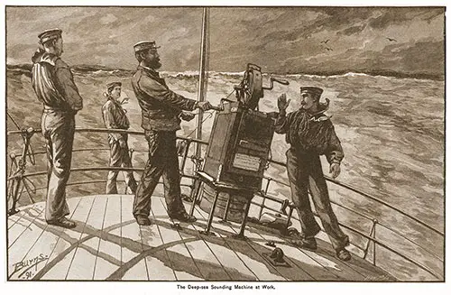 Officer and Sailors Using a Deep Sea Sounding Machine on the Deck of a Steamer. Ocean Steamships, 1891.