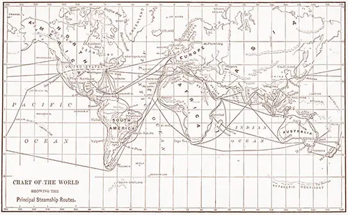 Chart of the World Showing the Principal Steamship Routes. Ocean Steamships, 1891.