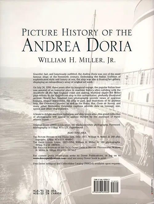 Back Cover, Picture History of the Andrea Doria by William H. Miller, Jr., 2005.