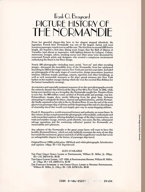 Back Cover, Picture History of The Normandie by Frank O. Braynard, 1987.