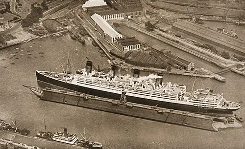 An Aerial View of RMS Aquitania in the Floating Dock at Southampton.