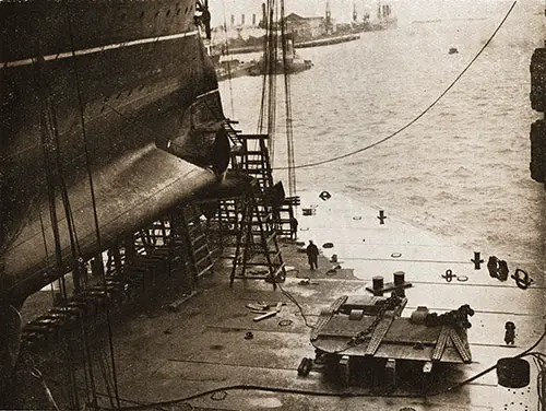 A New Rudder for the Aquitania on the Floor of the Floating Dock at Southampton, While the Old One is Being Dismantled.