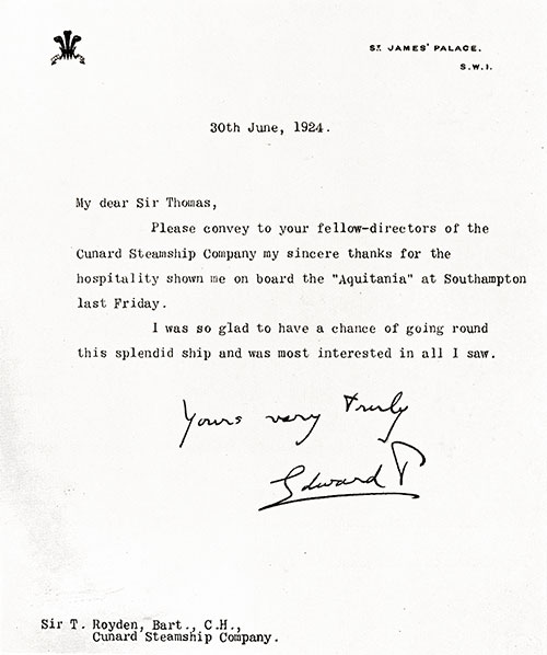 Fascimile Letter Received after the H.R.H. Prince of Wales Edward VIII's Visit to the Aquitania.