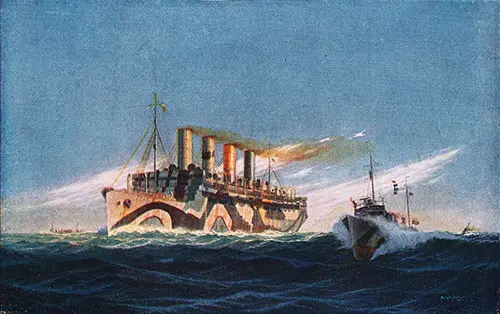 Color Plate: The RMS Aquitania Painted in Camouflage and Under Escort.