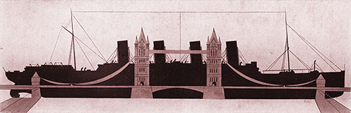A Sketch Contrasting the Relative Sizes of the RMS Aquitania and London Tower Bridge.