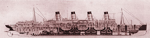 A Longitudinal Section of the Aquitania Indicating the Tremendous Amount of Space Occupied by Her Powerful Machinery.