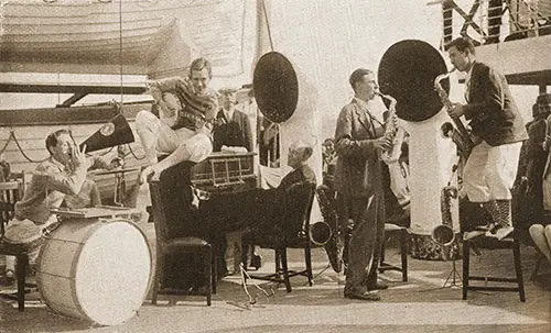 An Impromptu Concert on a Deck of the Aquitania by a Touring College Band.