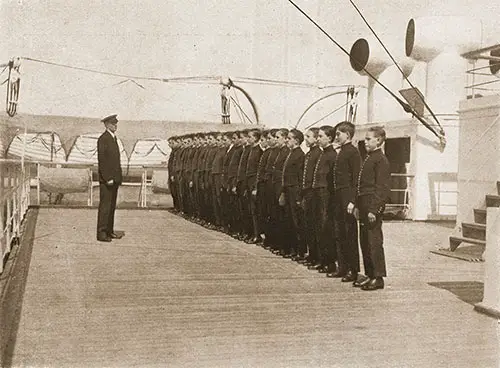 Inspection of the Bell Boys on the Boat Deck of the Aquitania.