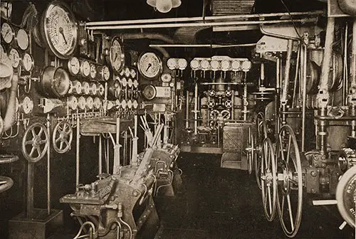 The Complicated System of Dials and Gauges in the RMS Aquitania's Engine-Room Starting Platform.
