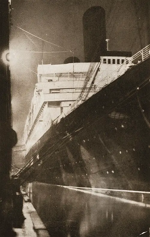 An unusual view of the RMS Aquitania by the Quayside in New York.